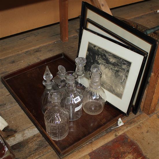 Mahogany tray, decanters & collection of prints relating to Cambridge Colleges & an etching